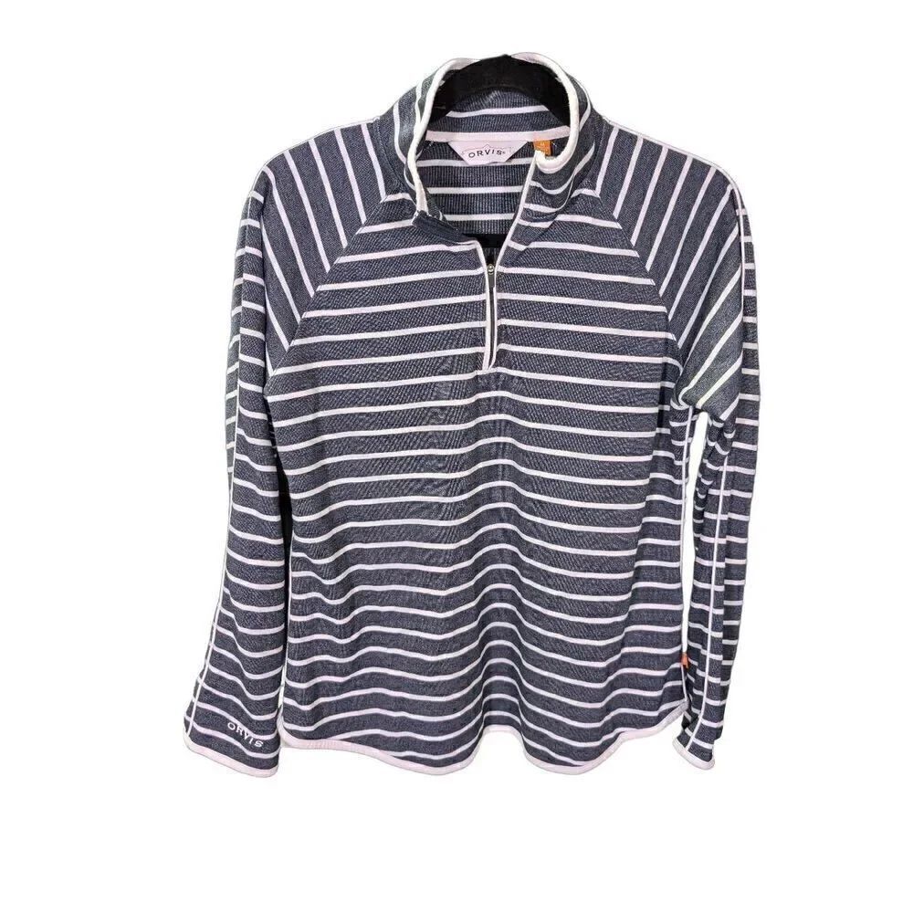 Orvis Sweatshirt Striped Button Long Sleeve Collared Blue/White Women's Medium